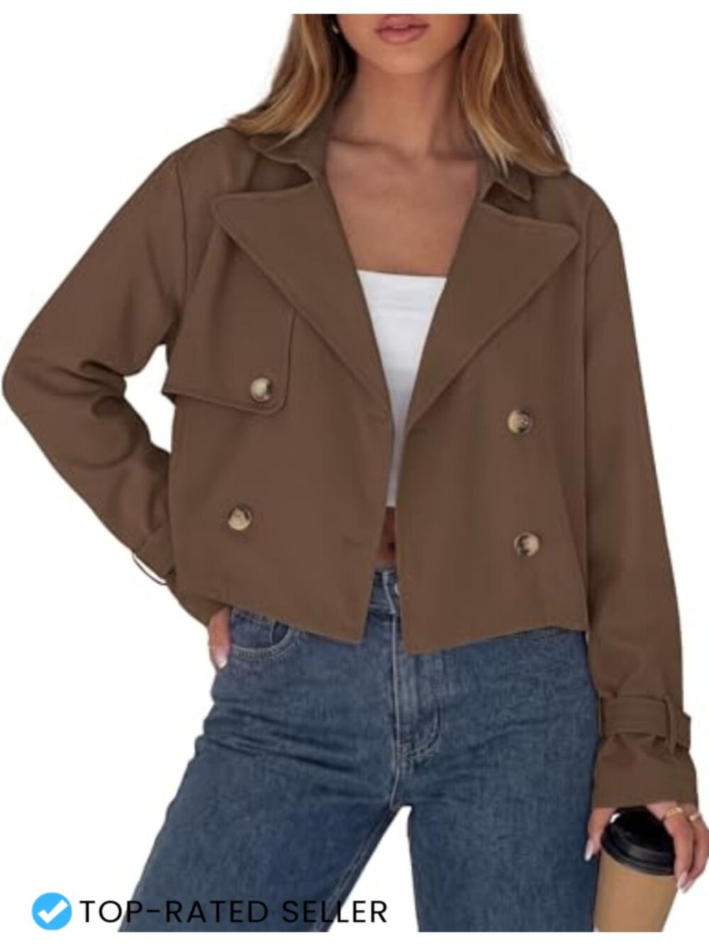 Cropped Trench Coat Double Breasted Loose Fit Lightweight Jacket